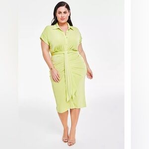 Nina Parker Trendy Plus Size Tie-Front Ruched Shirtdress 2X‎ Green NWT Preppy
